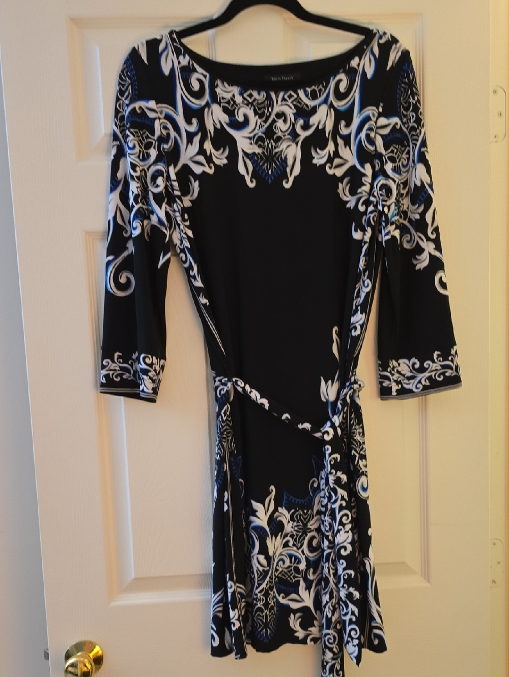 White House Black Market Black Dress with White & Blue Scroll Print